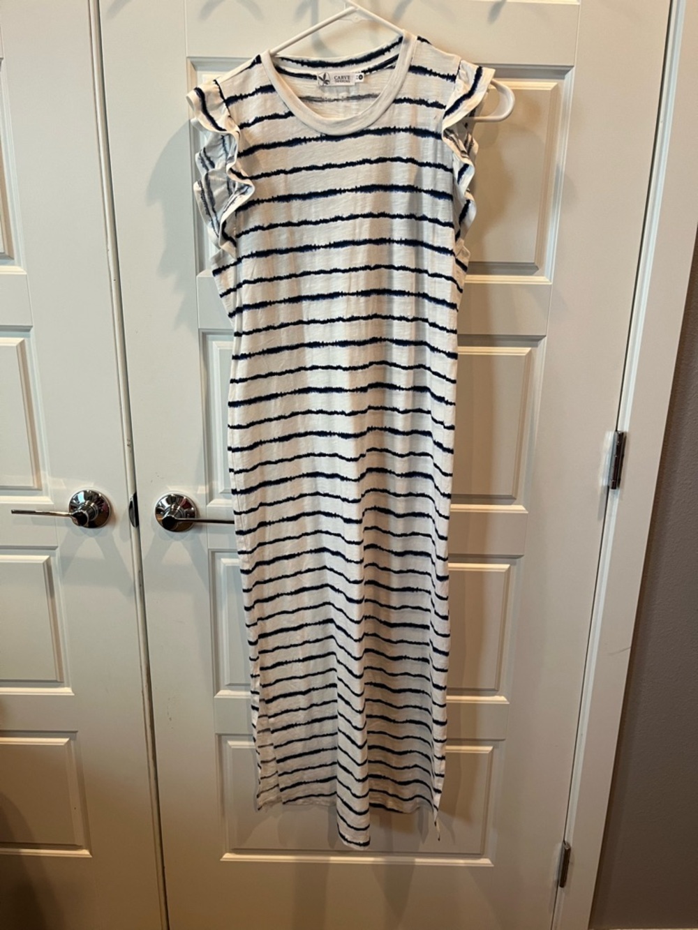 Carve Designs Maeve White & Navy Striped Ruffle Sleeve Maxi Dress